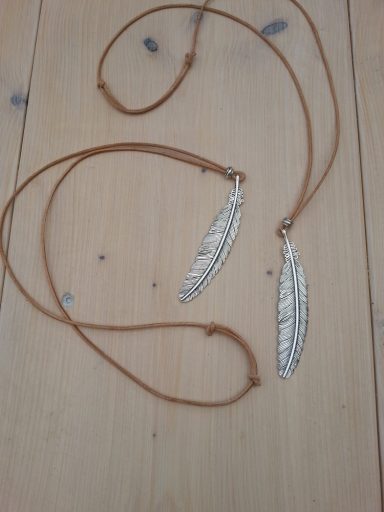 bengoArt Geschenkidee kleines Mitbringsel  Anhänger an Lederband Feder versilbert